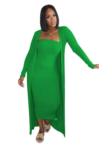 Green Strapless Dress and Long Cardigan Two Piece Set