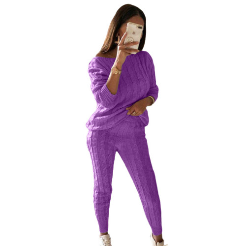 Plus Size Purple Sweater Knitted Two Piece Pants Set