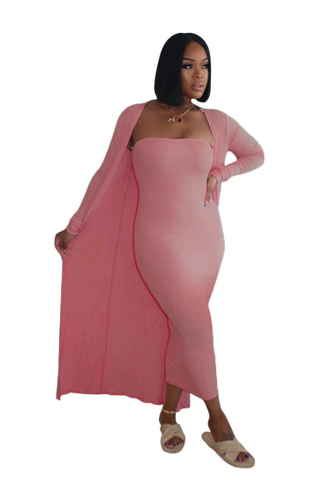 Pink Strapless Dress and Long Cardigan Two Piece Set