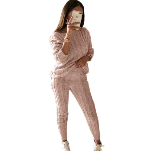Plus Size Light Pink Sweater Knitted Two Piece Pants Set