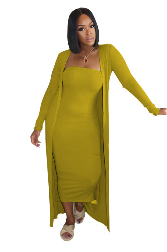 Yellow Strapless Dress and Long Cardigan Two Piece Set