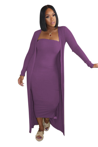 Purple Strapless Dress and Long Cardigan Two Piece Set