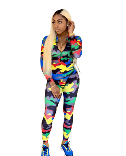 Colorful Camo Tight Zip Up Jumpsuit