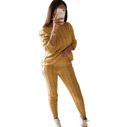 Plus Size Ginger Yellow Sweater Knitted Two Piece Pants Set