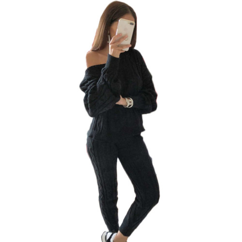 Plus Size Black Sweater Knitted Two Piece Pants Set