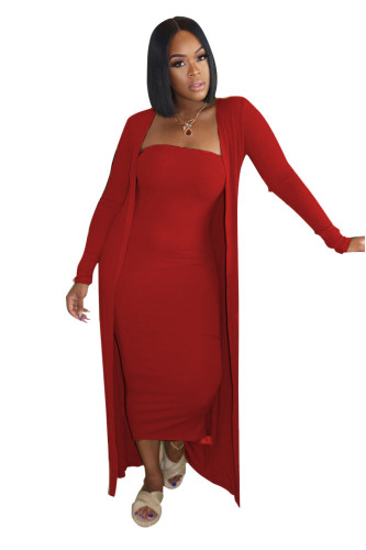 Red Strapless Dress and Long Cardigan Two Piece Set