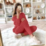 Plus Size Coral Sweater Knitted Two Piece Pants Set