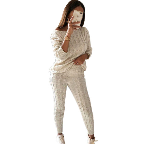 Plus Size Beige Sweater Knitted Two Piece Pants Set