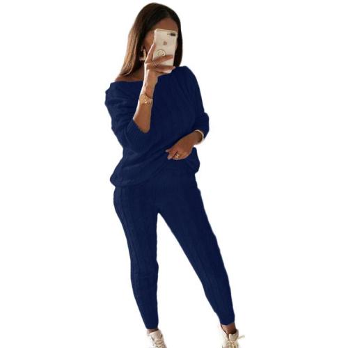Plus Size Navy Sweater Knitted Two Piece Pants Set