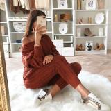 Plus Size Burgundy Sweater Knitted Two Piece Pants Set