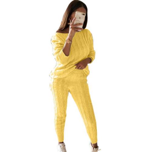 Plus Size Yellow Sweater Knitted Two Piece Pants Set