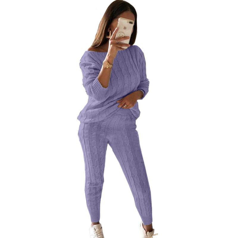 Plus Size Light Purple Sweater Knitted Two Piece Pants Set US$ 12.99 ...