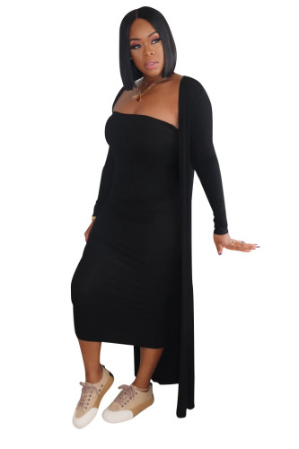 Black Strapless Dress and Long Cardigan Two Piece Set