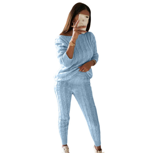 Plus Size Light Blue Sweater Knitted Two Piece Pants Set