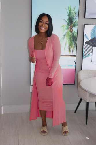Pink Strapless Dress and Long Cardigan Two Piece Set