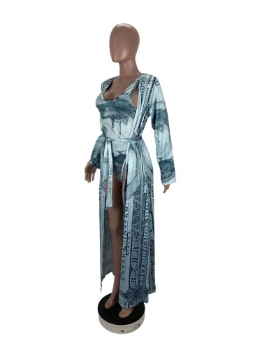 Gray Dollar Print One Piece Swimwear with Belt Cover Up