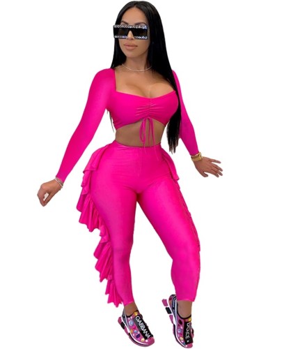 Hot Pink Long Sleeve Crop Top and Ruffle Side Pants
