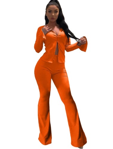 Orange Zipper Top with Bell Bottom Pants