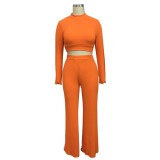 Orange Long Sleeve Knitted Crop Top and Pants Set