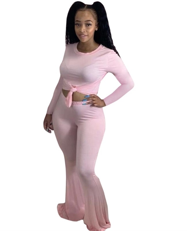 Pink Long Sleeve Casual Two Piece Pants Set