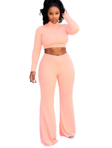 Pink Long Sleeve Knitted Crop Top and Pants Set