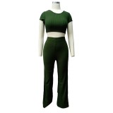 Green Knitted Crop Top and Wide Leg  Pants Set