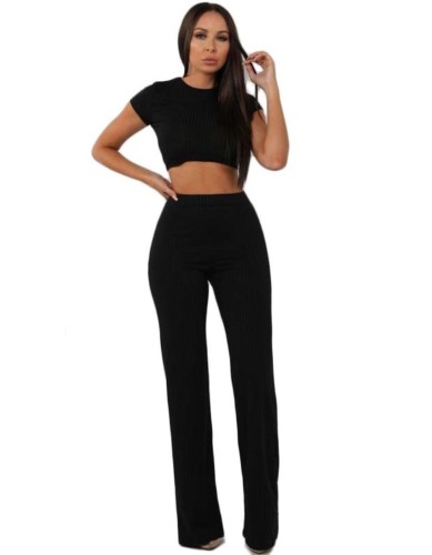 Black Knitted Crop Top and Wide Leg  Pants Set