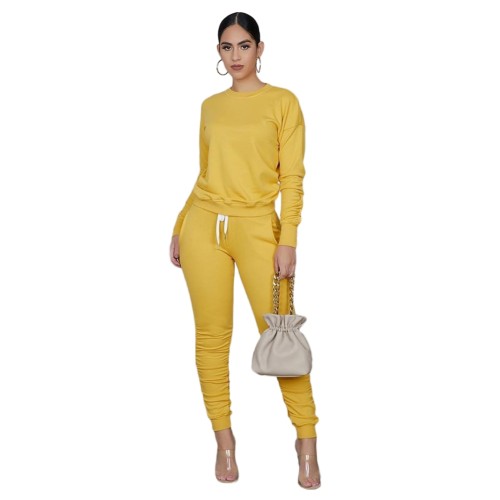 Yellow Long Sleeve Ruched Casual Top & Pants