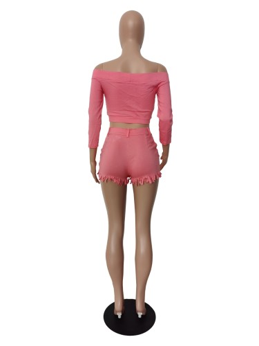 Pink Off Shoulder Crop Top and Tassel Shorts