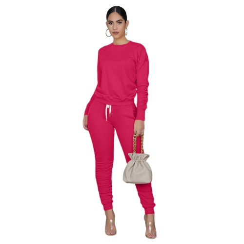 Hot Pink Long Sleeve Ruched Casual Two Piece Pants Set