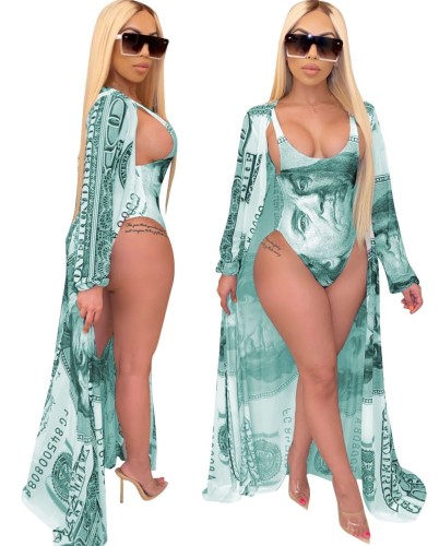 Gray Dollar Print One Piece Swimwear with Belt Cover Up