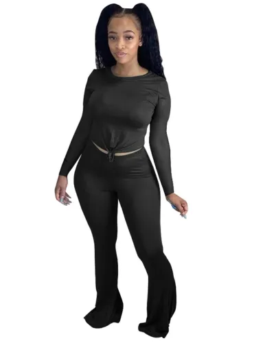 Black Long Sleeve Top and Flare Pants Set