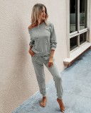 Gray Long Sleeve Casual Top & Drawstring Pants