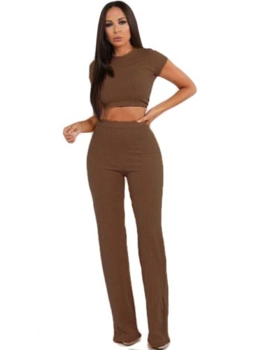 Brown Knitted Crop Top and Wide Leg  Pants Set