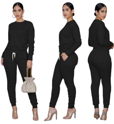 Black Long Sleeve Ruched Casual Top & Pants