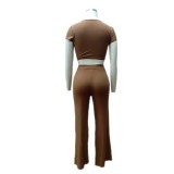 Brown Knitted Crop Top and Wide Leg  Pants Set