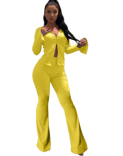 Yellow Zipper Top with Bell Bottom Pants