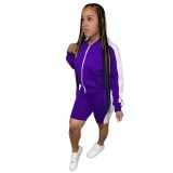 Purple Contrast Long Sleeve Zipper Top & Shorts