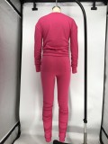 Hot Pink Long Sleeve Ruched Casual Two Piece Pants Set