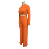 Orange Long Sleeve Knitted Crop Top and Pants Set