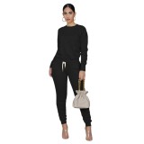 Black Long Sleeve Ruched Casual Top & Pants