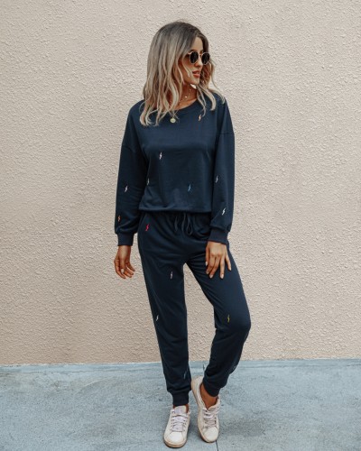 Navy Blue Long Sleeve Casual Two Piece Pants Set