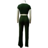 Green Knitted Crop Top and Wide Leg  Pants Set