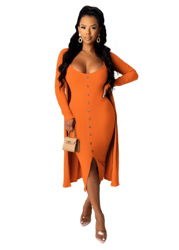 Orange Button Cami  Midi Dress with Matching Cardigans