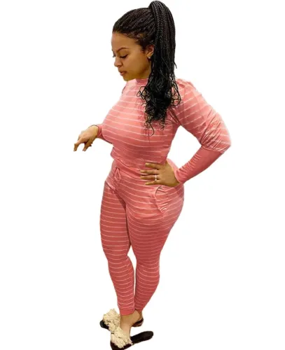 Red Striped Long Sleeve Casual Two Piece Pants Set