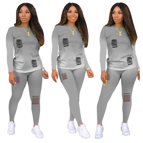 Gray Gradient Ripped Casual Top & Pants Set