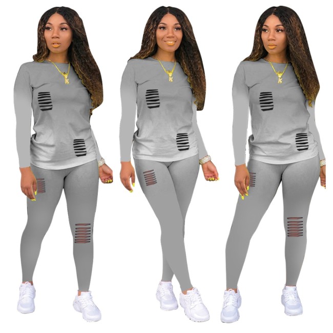 Gray Gradient Ripped Casual Top & Pants Set