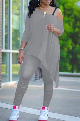 Gray Asymmetric Neckline Casual Top & Stacked Pants