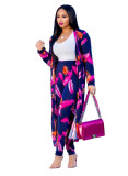 Plus Size Feather Navy Print Long Cardigan and pants Set