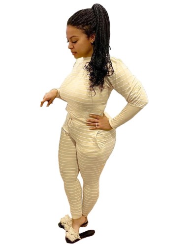 Beige Striped Long Sleeve Casual Two Piece Pants Set